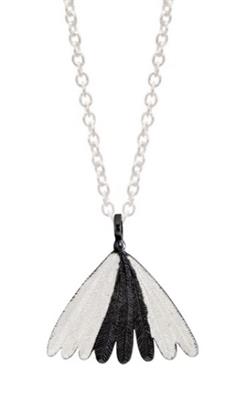 Necklace with a black and white New Zealand Fantail feather Sterling Silver  pendant on a white background